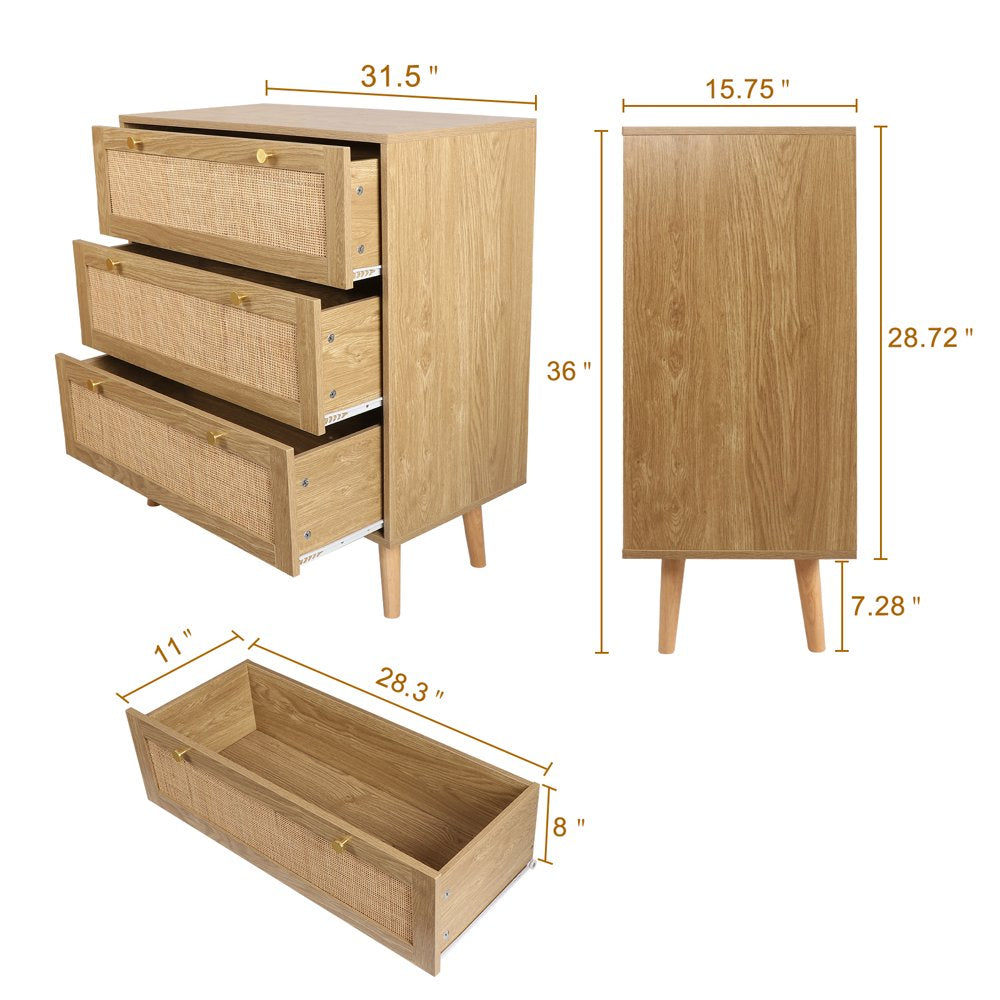 3-Drawers Dressers Chest Dresser for Bedroom Farmhouse Rattan Dresser Storage Cabinet Freestanding Table, Natural Oak H0027