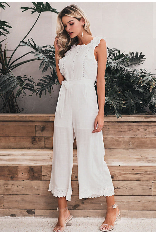 Linen Ruffled Embroidered Jumpsuit