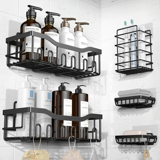 Shower Caddy, Shower Shelves 5 Pack, Adhesive Shower Organizer for Bathroom & Kitchen, No Drilling, Large Capacity, Rustproof SUS304 Stainless Steel Bathroom Organizer, Bathroom Accessories, Black