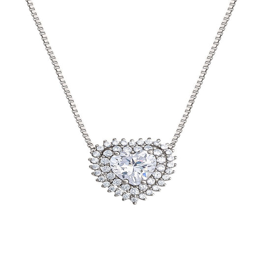 Fine Silver Plated Cubic Zirconia Heart Necklace, 18" +2"